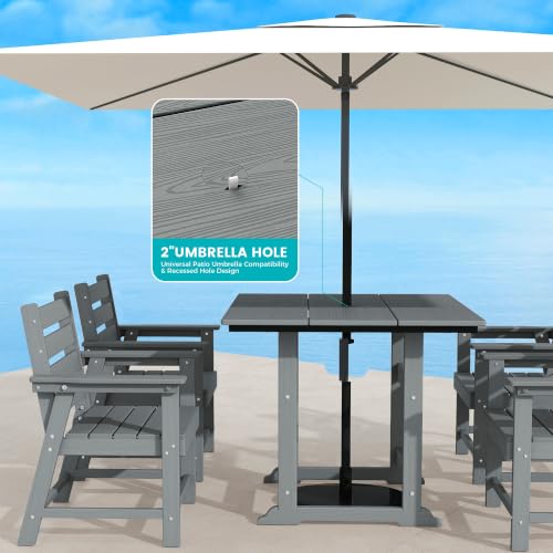 Image of 8 Piece Patio Dining Set, HDPE All-Weather Furniture with 6 Chairs & 2 Square Table, for Backyard, Garden, Gray