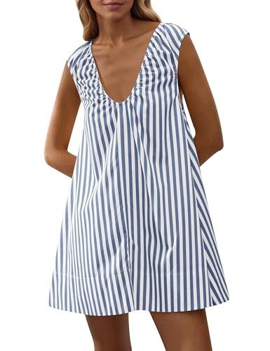 Image of Women Summer Sleeveless Babydoll Mini Dress Scoop Neck Loose Fit Tank Dresses Party Ruched Short Dress with Pockets