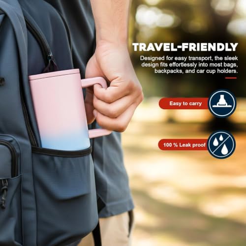 Image of MYOZ 1200ML Stainless Steel Water Mug with Handle, Lid, 2 Straws Leak-Proof Cupholder Tumbler for Gym, Travelling- Spill-Proof 40 oz Bottle (Bubblegum Swirl)