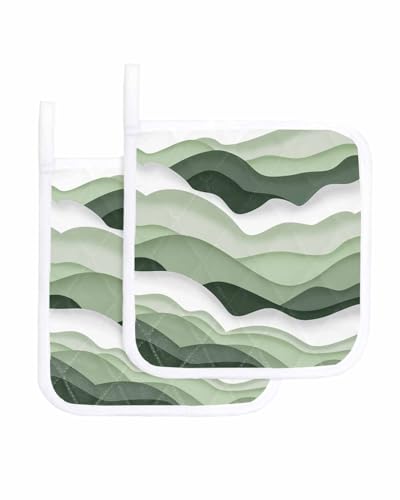2 Packs Sage Green Pot Holders Sets for Kitchen,Oven Pan Plate Bowl Pads Heat Proof Mat with Hanging Loop,Thick Terry Cloth Potholders Non Slip Soft Grip Coastal Ocean Geometric Abstract Wave White