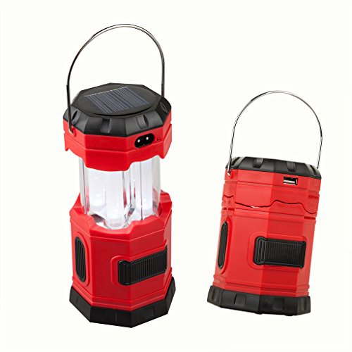 TANSOREN Portable LED Camping Lantern Solar USB Rechargeable or 3 AA Power Supply, Built-in Power Bank Compati Android Charge, Waterproof Collapsible Emergency LED Light with S" Hook