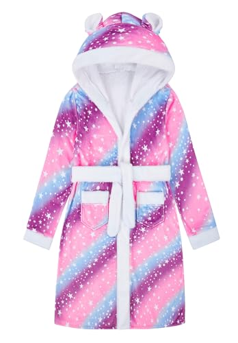 Funnycokid Girls Robes Size 10-12 Rainbow Kids Hooded Bathrobe Soft Fleece Pajamas Plush Flannel Sleepwear 10-12 Years