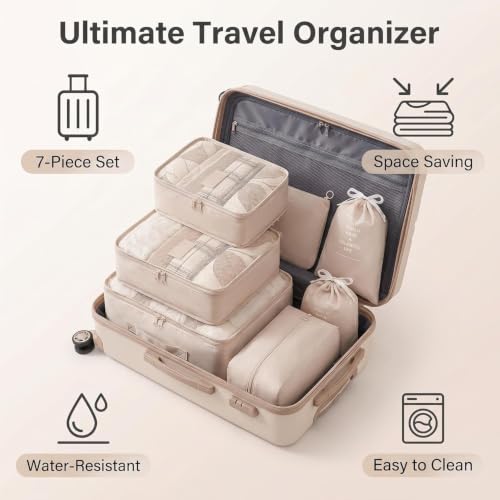 Image of 7pcs Set Luggage Carry On Suitcase Packing Cubes (Cream)