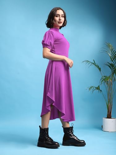 Image of PURVAJA Women's Fit & Flare Knee Length Short Sleeve Turtle Neck Solid Dress
