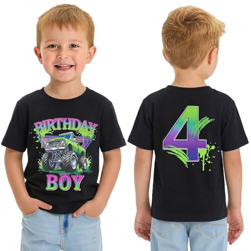 UNICOMIDEA Birthday Boy Shirt 4t Black Boys T Shirt Short Sleeve Front Monster Truck Back Number 4 Print Summer Funny Kids Tees Birthday Party