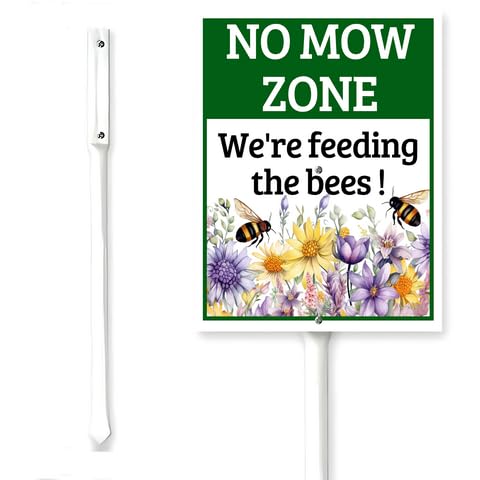 Horienteeon No Mow Zone,We're Feeding The Bees Yard Signs With Stake Pollinator Friendly Garden Lawn Wildflowers Neighborhood Grass Metal Outdoor Lawn Decor Farm Aluminium Decorations 6x4.6"