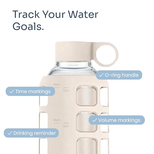 purifyou 40oz / 32oz / 22oz / 12oz Borosilicate Glass Water Bottle with Time & Volume Markers, Silicone Sleeve, Stainless Steel Lid | Reusable Glass Bottle for Water & Juice (32oz Pearled Ivory)