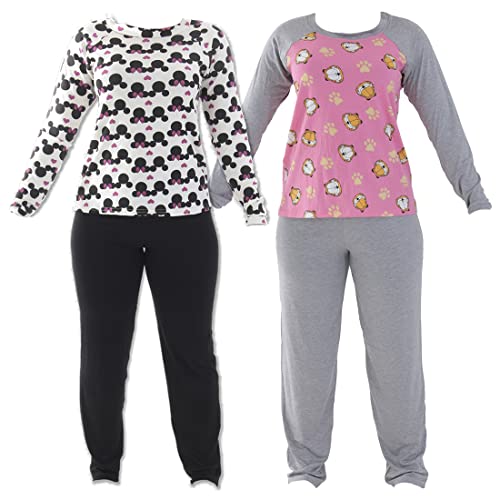 KIT 2 PIJAMAS DE INVERNO MANGA LONGA BICOLOR FEMININO MAIS BONITA (G, Minnie/Garfield Rosa)