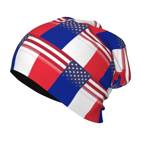 American Flag and France National Flag Kids Leisure Elastic Knitted Hat Junior Large Size Knit Cap Child Beanie Black