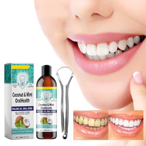 Enjuague Bucal Aceite de Coco,Enjuague Bucal,Aceite de Tirante con Raspador de Lengua,Natural Enjuague Bucal,Enjuague Bucal para Mal Aliento,Oil Pulling,para Ayudar a Tener Aliento Fresco