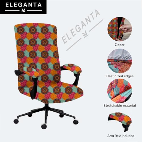 Image of Eleganta Stretch Boss Office Chair Cover Printed Computer Chair Covers with Armrest Cover Universal Removable Spandex Rotating Chair Slipcovers Soft Desk Chair Seat Protector Multi Mandala (Pack Of 8)