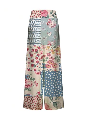 MakeMeChic Women's Casual Patchwork Floral Pants Elastic Waisted Wide Leg Beach Boho Trousers2