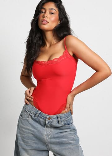 Image of Navneet Women Sexy Lace Bodysuit Lace Trim High Cut Thong Spaghetti Strap Cami Bodysuit Going Out Tank Tops Body Suit