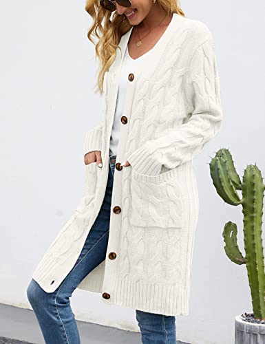 Merokeety Womens Long Sleeve Cable Knit Long Cardigan Open Front Button Sweater Outerwear Beige #TOP6