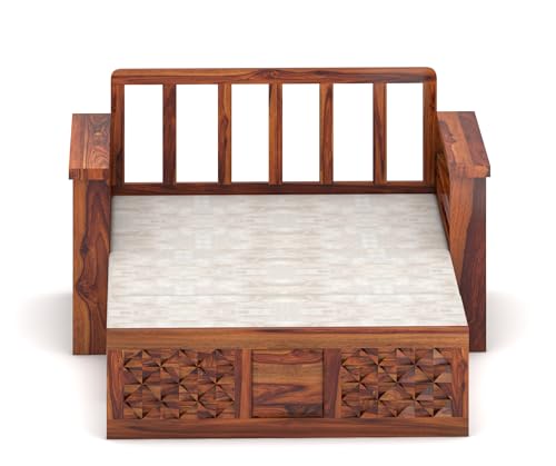 Image of Solid Wood Sofa Cum Bed for Living Room | Modern Wooden Pull-Out Diwan Bed with Cushioned Seating | Convertible 2 Seater Sofa Bed for Home & Guest Room (Honey Finish)