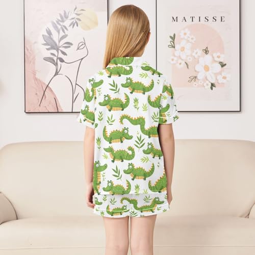 ALAZA Green Leaf Animal Crocodile Satin Pajamas Set Short Sleeve Button Down Sleepwear Summer Pjs 2 Piece4