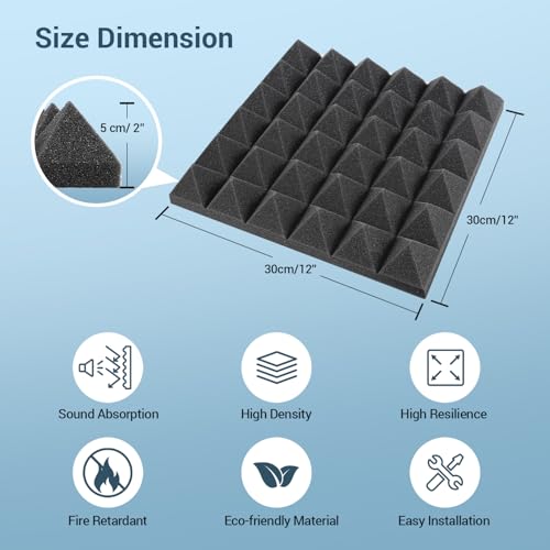 Ohuhu Akustikschaumstoff Akustikpaneele 24 Stück mit Aufkleber, 30 x 30 x 5 cm Pyramidenplatten Schallschutz Wand Schallschutzplatten Schalldämmung für Tonstudio Podcasts Youtube-Zimmer, Anthrazit