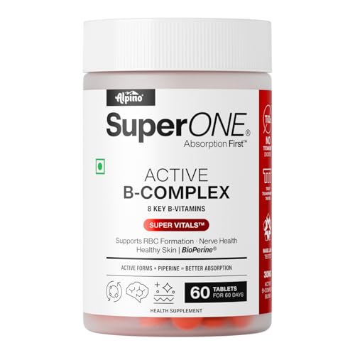 Image of Alpino SuperONE Active B-Complex Tablets | Vitamin B Complex Supplement with B12, B6, Biotin & BioPerine | Energy, Nerve & Skin Support | 60 Tablets