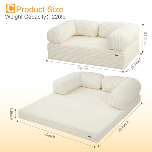 COMAX Folding Sofa Bed Queen, Foldable Couch Bed, Fold Out Futon Chair Sleeper for Adults, Convertible Floor Mattress Sofa for Bedrooom Living Room Guest Room, Faux Fur Light Beige
