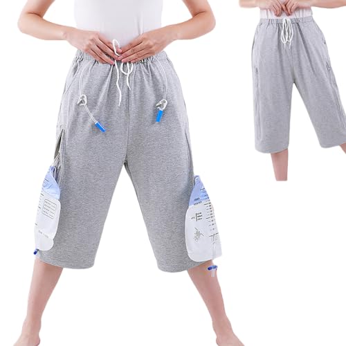Image of Unisex Incontinence Care Trousers,Urinary Drainage Trouser,Catheter Pant,Fistula Pants,Ostomy Drainage Bag Care Scanties,Double Zippered Pockets Holding 2000ml Catheter Bags Gray