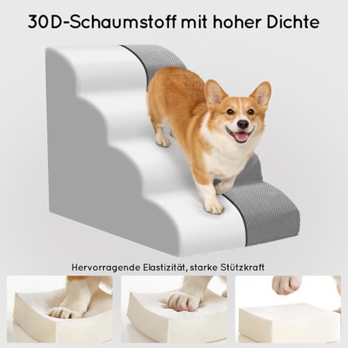 Thihome Hundetreppe 4 Stufen, rutschfeste Haustiertreppe 50cm Hoch, Hochdichter Schaum Hunderampe mit Waschbarem Bezug und Rutschfestem Boden, Hunde Treppe für Sofa & Bett, Grau