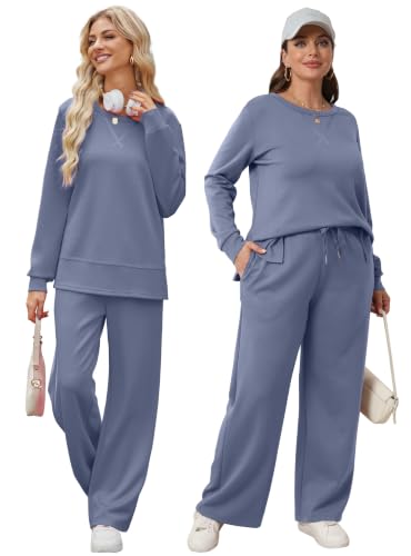 Image of OFEEFAN Women's 2 Piece Lounge Set Travel Airport Outfits Side Slit Tracksuit Wide Leg Loungewear Baggy Comfy Sweatsuit S-3XL