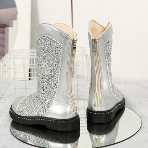 Glitter Cowboy Boots for Girls Kids Western Low Heels Mid Calf Boots with Zipper Winter Soft Sole Warm Sequin Long Booties for Party4