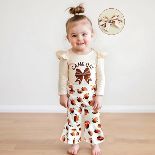 KMBANGI My First Football Season Baby Girl Clothes Ruffle Sleeves Bow Embroidered Romper Flare Pants Infant Game Day Outfit3