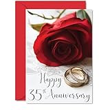 Tarjeta de 35 aniversario para mujeres y hombres, anillos dorados, rosa roja, tarjetas de aniversario de boda para mamá, papá, hermano, hermana, hijo, hija, tarjetas de felicitación de 5 x 7 pulgadas