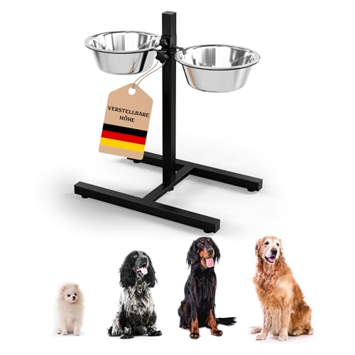 Oramics Hundebar Fressnapf Höhenverstellbar deluxe für Welpen und große Hunde mit zwei Edelstahl-Näpfen als Futternapf und Wasser-Napf