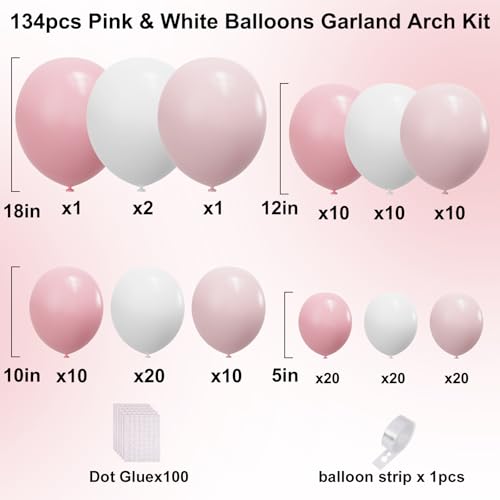 Image of YMSZ Pink and White Balloons Arch Kit, 134pcs Light Pink and White Balloons for Wedding, Bridal Shower, Baby Shower, Birthday, Valentines Party Decorations