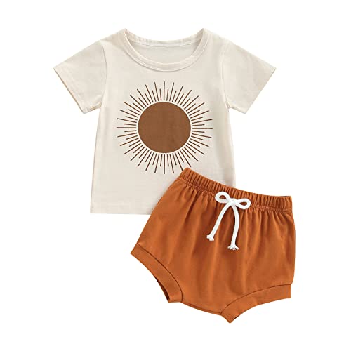 Image of YOKJZJD Infant Toddler Baby Boy Summer Clothes Sun Print Short Sleeve T-Shirt Tops Pants Shorts Set 2Pcs Outfits (Apricot, 6-12 Months)