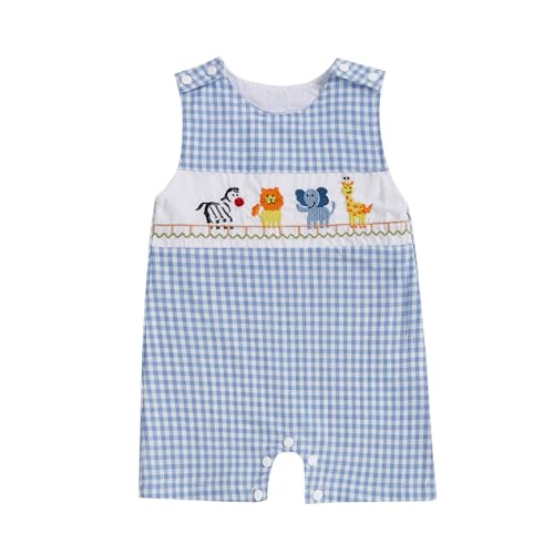 Image of Karuedoo Newborn Baby Boy Summer Clothes Animal Embroidery Plaid Sleeveless Romper Jumpsuit Overall Bodysuit One-Piece Outfit