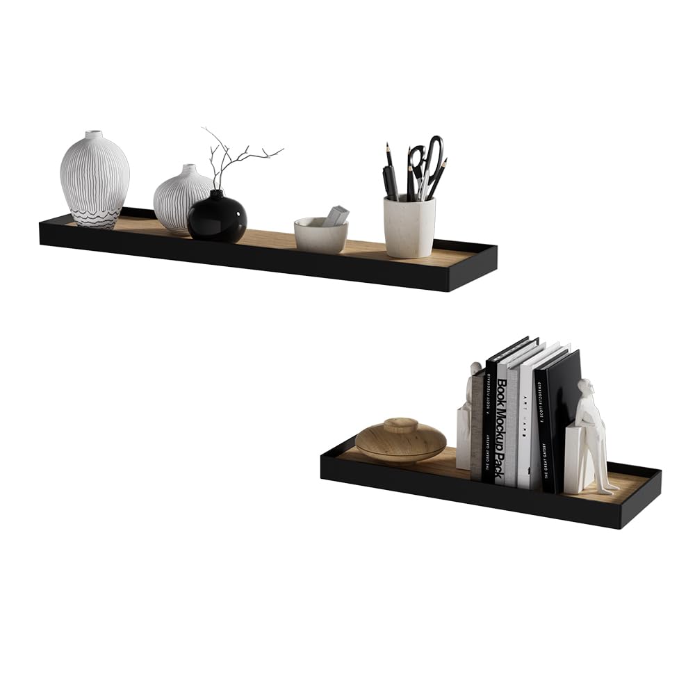 Vicco Estante de Pared Erni, Negro/Roble, 60 x 3 cm Lote de 2, para almacenar y presentar Objetos