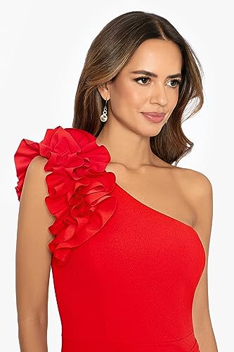Image of Xscape Women's Xscape Women's One-Shoulder, Floor-Length, Scuba Crepe Dress with Ruffle Detail (Reg and Petite)