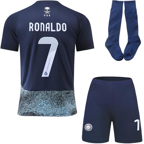 Karsevali Al Nassr Riyadh Ronaldo #7 Away 25/26 Football Soccer Jersey/Shorts Socks Gift Set for Children Youth Sizes (Blue, 28)