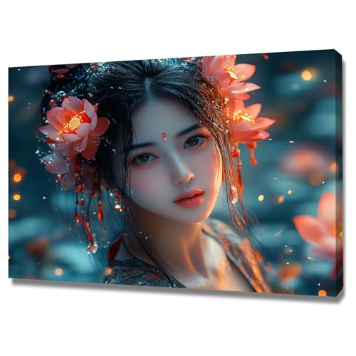 Poster fille mélancolique et lotus TERUEA cadre rose rouge tableau art moderne plein d'émotion