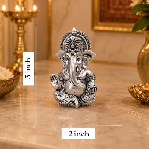 Image of Gold Art India Ganesh Idol 999 Silver Plated Antique Matte | 3 x 2 Inch Ganesha Murti with Peacock Blue Velvet Gift Box | Home Temple, Office Desk & Spiritual Gift