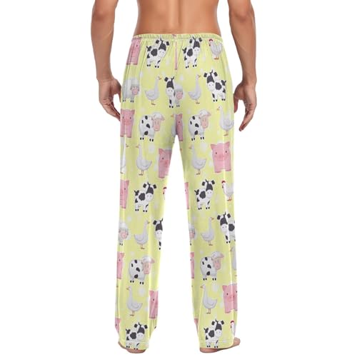 Men’s Cartoon Farm Animals Pajama Pants with Pockets, Comfortable Lounge Sleep Bottoms#732