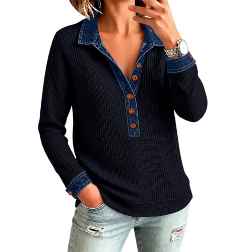 Waffle Knit Shirts for Women Henley Neck Contrast Denim Patchwork Shirt - image 3
