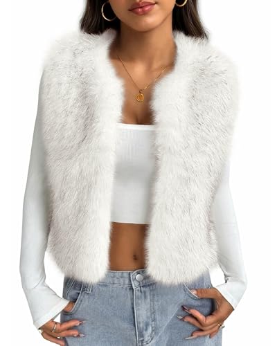 BTFBM Faux Fur Vest For Women 2025 Trendy Fall Sleeveless Cropped Fuzzy Jacket Fluffy Winter Coats Furry Vests Outerwear(White, XX-Large)