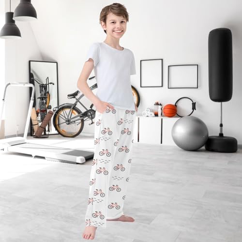 Boy's Pants Cartoon Bicycle White Jogger Pants Elastic Waist Long Bottoms Trousers with Pockets 6-14 Years 6