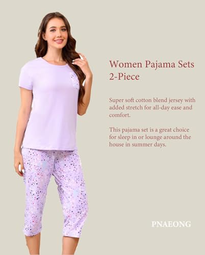 Image of PNAEONG 2 Pack Women's Cotton Pajama Sets Short Sleeve Sleepwear Tops with Capri Pants Summer Loungewear Pj Sets S-3XL