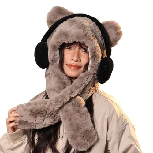 Bear Plush Hat,Bear Plush Winter Hat Women Warm Winter Hat Integrated with Scarf and Gloves for Outdoor Warmth