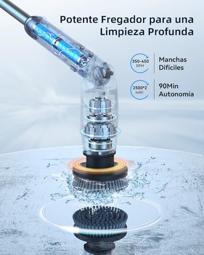 Leebein Cepillo Eléctrico Limpieza Hogar, Fregadora Giratoria Eléctrica con 8 Cepillo Reemplazables, Control Remoto, 2 Velocidades de Rotación y Mango Ajustable 38-132CM para Baño/Cocina/Coche - imagen 2