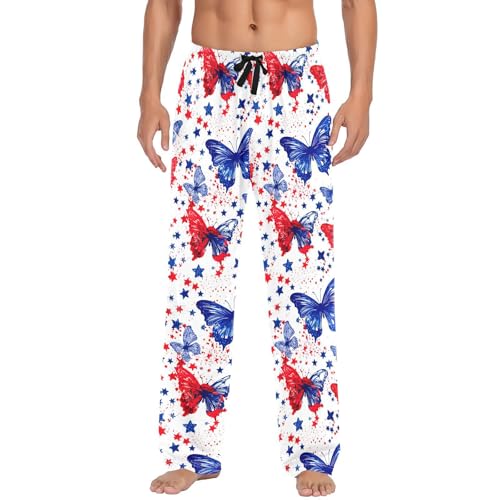 Blue and Red Butterfly Men's Pajamas Pants Cotton Sleep Bottoms Pants Lounge Sleepwear - S2