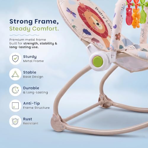 Image of Baybee 2 in 1 Baby Rocker & Bouncer, 3-Position Recline, Soothing Music, Removable Hanging Toys, Soft Cushioned Seat & Safety Harness, Rocking Chair for Newborn 0-3 Years (Beige)