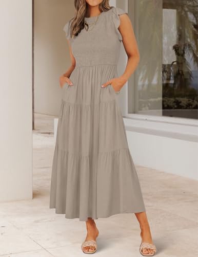 Image of ZESICA Women's 2026 Summer Casual Flutter Short Sleeve Smocked Midi Dress