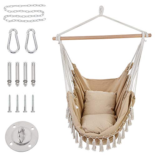 Patio Watcher Hammock Chair Hanging Rope Swing Seat with 2 Cushions and Hardware