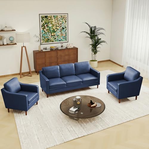 Image of Kingfun Couch Sets for Living Room, 3 Seater Couch and Armchair Set of 2, Mid Century Modern Sofa Chair Faux Leather Couch with Solid Wood Frame for Bedroom